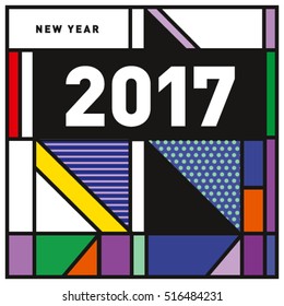 Happy New Year 2017 background. Calendar cover template. Colorful & Modern memphis style background. Greeting card vector illustration.