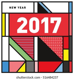Happy New Year 2017 background. Calendar cover template. Colorful & Modern memphis style background. Greeting card vector illustration.