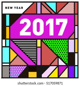 Happy New Year 2017 background. Calendar cover template. Colorful & Modern memphis style background. Greeting card vector illustration.