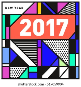 Happy New Year 2017 background. Calendar cover template. Colorful & Modern memphis style background. Greeting card vector illustration.