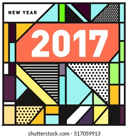 Happy New Year 2017 background. Calendar cover template. Colorful & Modern memphis style background. Greeting card vector illustration.