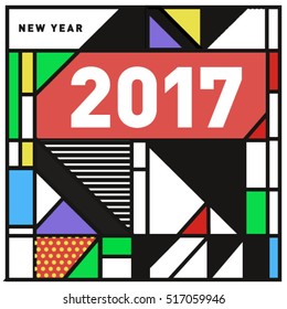 Happy New Year 2017 background. Calendar cover template. Colorful & Modern memphis style background. Greeting card vector illustration.