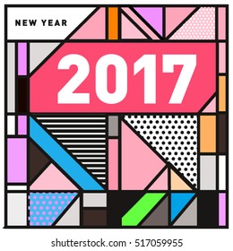 Happy New Year 2017 background. Calendar cover template. Colorful & Modern memphis style background. Greeting card vector illustration.
