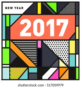Happy New Year 2017 background. Calendar cover template. Colorful & Modern memphis style background. Greeting card vector illustration.