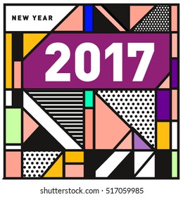 Happy New Year 2017 background. Calendar cover template. Colorful & Modern memphis style background. Greeting card vector illustration.