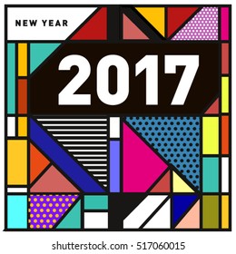 Happy New Year 2017 background. Calendar cover template. Colorful & Modern memphis style background. Greeting card vector illustration.