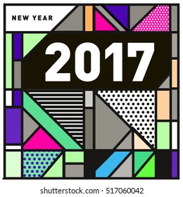 Happy New Year 2017 background. Calendar cover template. Colorful & Modern memphis style background. Greeting card vector illustration.