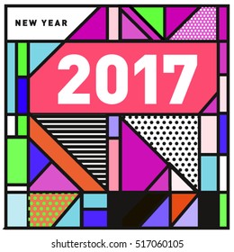 Happy New Year 2017 background. Calendar cover template. Colorful & Modern memphis style background. Greeting card vector illustration.