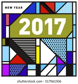 Happy New Year 2017 background. Calendar cover template. Colorful & Modern memphis style background. Greeting card vector illustration.