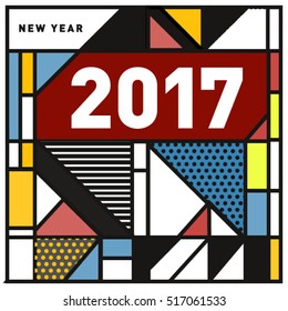 Happy New Year 2017 background. Calendar cover template. Colorful & Modern memphis style background. Greeting card vector illustration.