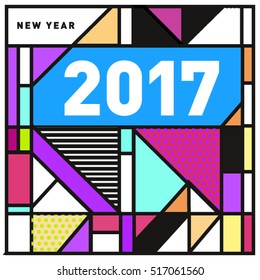 Happy New Year 2017 background. Calendar cover template. Colorful & Modern memphis style background. Greeting card vector illustration.