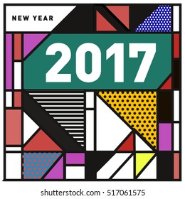 Happy New Year 2017 background. Calendar cover template. Colorful & Modern memphis style background. Greeting card vector illustration.