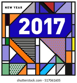 Happy New Year 2017 background. Calendar cover template. Colorful & Modern memphis style background. Greeting card vector illustration.