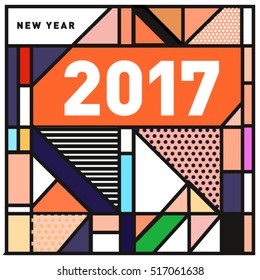 Happy New Year 2017 background. Calendar cover template. Colorful & Modern memphis style background. Greeting card vector illustration.