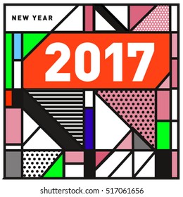 Happy New Year 2017 background. Calendar cover template. Colorful & Modern memphis style background. Greeting card vector illustration.