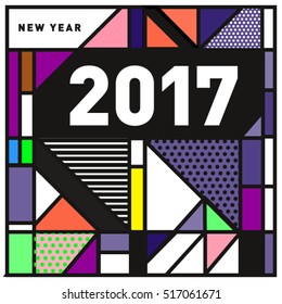 Happy New Year 2017 background. Calendar cover template. Colorful & Modern memphis style background. Greeting card vector illustration.
