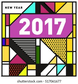 Happy New Year 2017 background. Calendar cover template. Colorful & Modern memphis style background. Greeting card vector illustration.