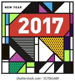 Happy New Year 2017 background. Calendar cover template. Colorful & Modern memphis style background. Greeting card vector illustration.