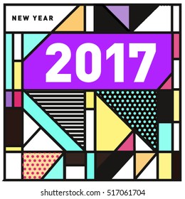 Happy New Year 2017 background. Calendar cover template. Colorful & Modern memphis style background. Greeting card vector illustration.