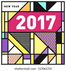 Happy New Year 2017 background. Calendar cover template. Colorful & Modern memphis style background. Greeting card vector illustration.