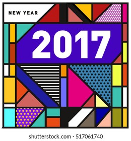 Happy New Year 2017 background. Calendar cover template. Colorful & Modern memphis style background. Greeting card vector illustration.
