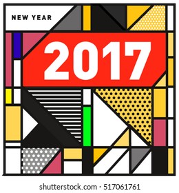 Happy New Year 2017 background. Calendar cover template. Colorful & Modern memphis style background. Greeting card vector illustration.