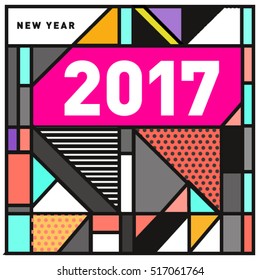 Happy New Year 2017 background. Calendar cover template. Colorful & Modern memphis style background. Greeting card vector illustration.