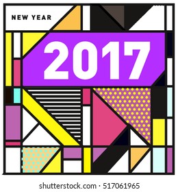Happy New Year 2017 background. Calendar cover template. Colorful & Modern memphis style background. Greeting card vector illustration.