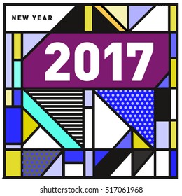 Happy New Year 2017 background. Calendar cover template. Colorful & Modern memphis style background. Greeting card vector illustration.