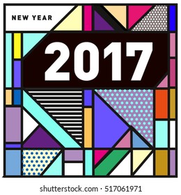 Happy New Year 2017 background. Calendar cover template. Colorful & Modern memphis style background. Greeting card vector illustration.