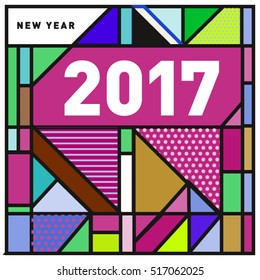 Happy New Year 2017 background. Calendar cover template. Colorful & Modern memphis style background. Greeting card vector illustration.