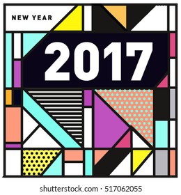 Happy New Year 2017 background. Calendar cover template. Colorful & Modern memphis style background. Greeting card vector illustration.