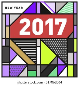 Happy New Year 2017 background. Calendar cover template. Colorful & Modern memphis style background. Greeting card vector illustration.