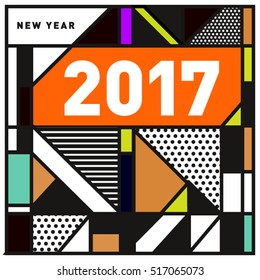 Happy New Year 2017 background. Calendar cover template. Colorful & Modern memphis style background. Greeting card vector illustration.