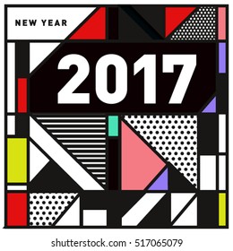 Happy New Year 2017 background. Calendar cover template. Colorful & Modern memphis style background. Greeting card vector illustration.