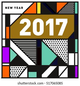 Happy New Year 2017 background. Calendar cover template. Colorful & Modern memphis style background. Greeting card vector illustration.