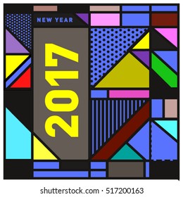 Happy New Year 2017 background. Calendar cover template. Colorful & Modern memphis style background. Greeting card vector illustration.