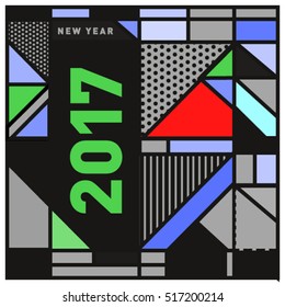 Happy New Year 2017 background. Calendar cover template. Colorful & Modern memphis style background. Greeting card vector illustration.