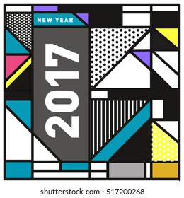 Happy New Year 2017 background. Calendar cover template. Colorful & Modern memphis style background. Greeting card vector illustration.