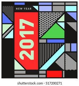 Happy New Year 2017 background. Calendar cover template. Colorful & Modern memphis style background. Greeting card vector illustration.