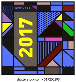Happy New Year 2017 background. Calendar cover template. Colorful & Modern memphis style background. Greeting card vector illustration.
