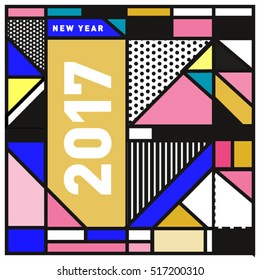 Happy New Year 2017 background. Calendar cover template. Colorful & Modern memphis style background. Greeting card vector illustration.