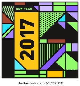 Happy New Year 2017 background. Calendar cover template. Colorful & Modern memphis style background. Greeting card vector illustration.