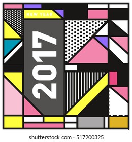 Happy New Year 2017 background. Calendar cover template. Colorful & Modern memphis style background. Greeting card vector illustration.