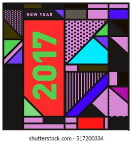 Happy New Year 2017 background. Calendar cover template. Colorful & Modern memphis style background. Greeting card vector illustration.
