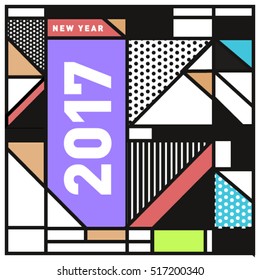 Happy New Year 2017 background. Calendar cover template. Colorful & Modern memphis style background. Greeting card vector illustration.