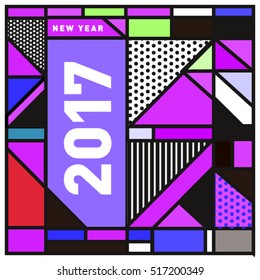 Happy New Year 2017 background. Calendar cover template. Colorful & Modern memphis style background. Greeting card vector illustration.