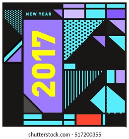 Happy New Year 2017 background. Calendar cover template. Colorful & Modern memphis style background. Greeting card vector illustration.