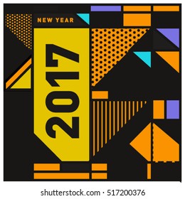 Happy New Year 2017 background. Calendar cover template. Colorful & Modern memphis style background. Greeting card vector illustration.
