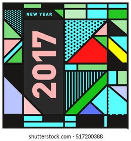 Happy New Year 2017 background. Calendar cover template. Colorful & Modern memphis style background. Greeting card vector illustration.